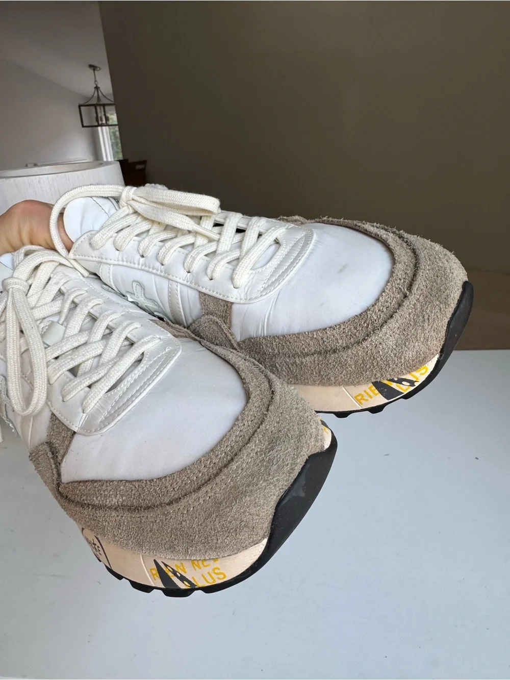 Premiata White & Taupe Suede Sneakers – Size 44
